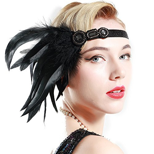 BABEYOND 1920s Flapper Headpiece Roaring 20s Great Gatsby Headband Black Feather Headband 1920s Flapper Gatsby Hair Accessories