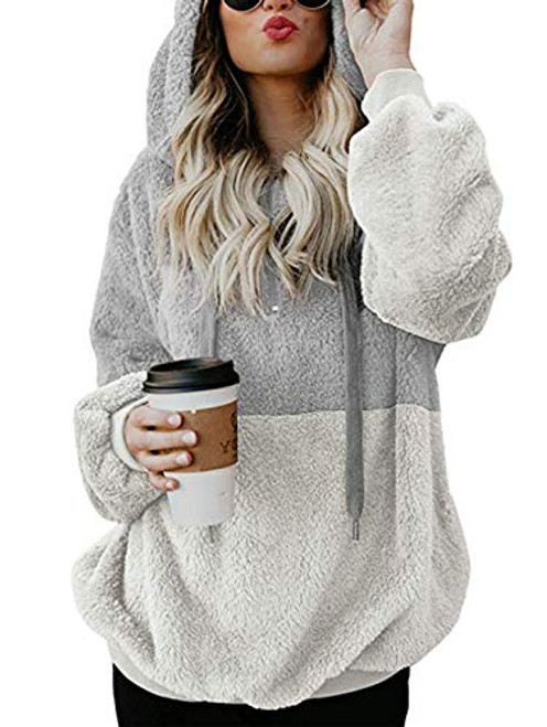 TEMOFON Womens Long Sleeve Zipper Sherpa Sweatshirt Pullover Fuzzy Fleece Winter Casual Hooded Outwear Jackets Coats Light Grey L