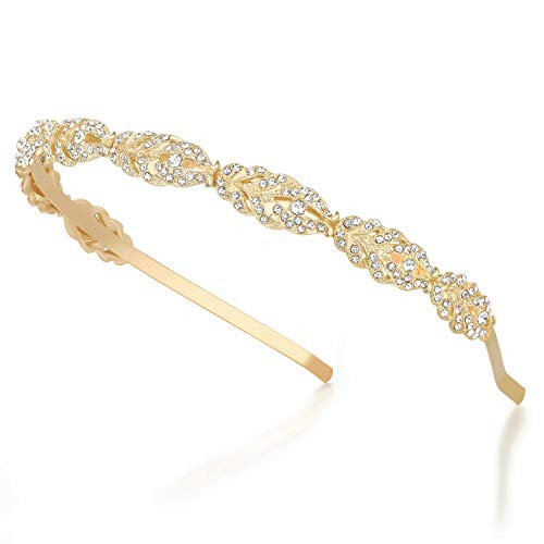 Oriamour Flower Design Rhinestone Crystal Wedding Headband Bridal Headpieces Simple Design Bridal Headband Gold