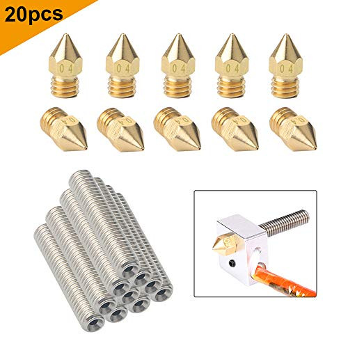 FULARR 10Pcs Professional 04mm Brass Extruder Nozzle Print Heads Kit with 10Pcs 30mm Length Extruder 175mm Teflon Throat Tube for MK8 MakerBot RepRap 3D Printer