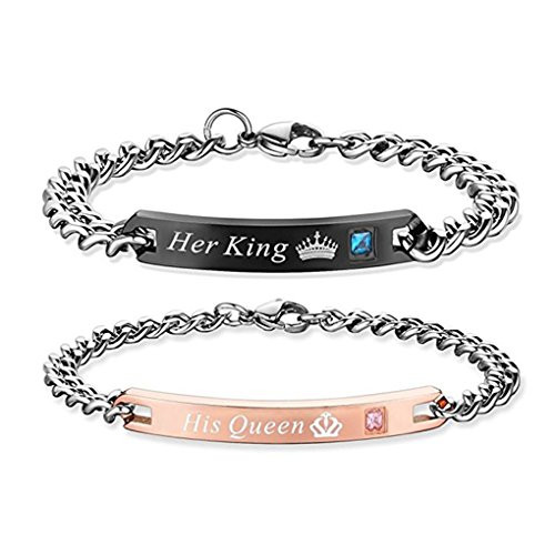 SXNK7 Gift for Lover His Queen Her King Stainless Steel Couple Bracelets for Women Men Jewelry Matching Set His Queen Her King