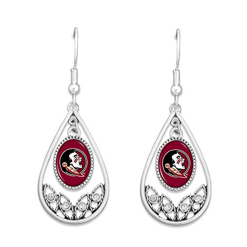 FTH Florida State Seminoles Logo Silver Tone Tear Drop Hoop Earrings with Clear Rhinestones