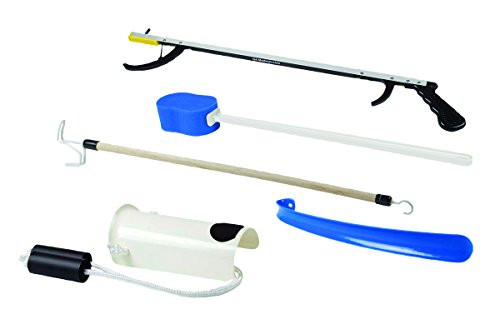 FabLife Multiple Tool Hip Kit Daily Living Aid for Hip Knee and Back Rehabilitation Including 26 Reacher Contoured Sponge Formed Sock Aid 18 Plastic Shoehorn and 24 Dressing Stick