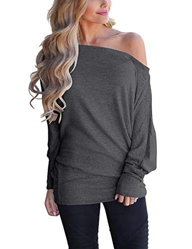 Poetsky Womens Shirts Long Sleeve One Shoulder Tops Plain Batwing Tops for Women L Dark Grey