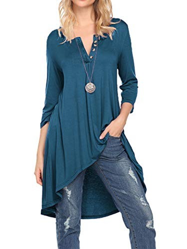 Naggoo Womens Plus Size Henley Shirts Buttons Up Pleated Tunic Tops Teal
