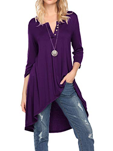 Naggoo Womens Casual Shirts Henley V Neck Button Loose Fit Tunics Tops Deep Purple
