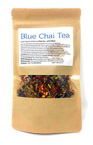 BLUE Chai Tea, loose organic blue spiced ayuverda Tea, 2.46oz, BLUE spicy organic Chai Tea Experience! No Caffeine
