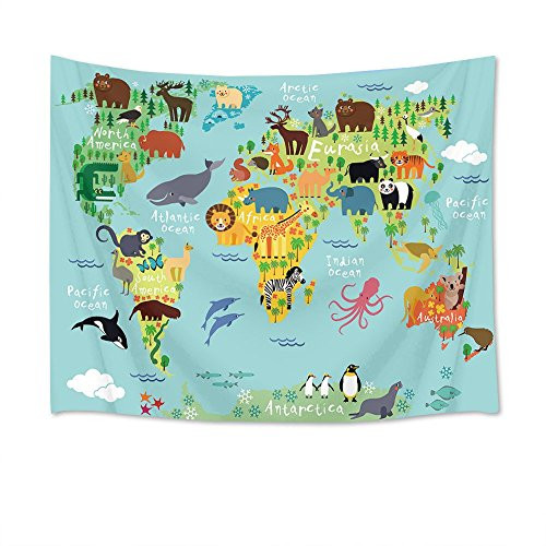 LB World Map Tapestry Animal Tapestry Kids Tapestry Wall Hanging Cartoon World Animals Distribution Map Wall Blanket for Kids Bedroom Living Room Dorm Decor 60Wx40H inches