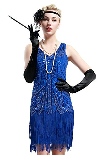 BABEYOND Womens Flapper Dresses 1920s V Neck Beaded Fringed Great Gatsby Dress Large Blue