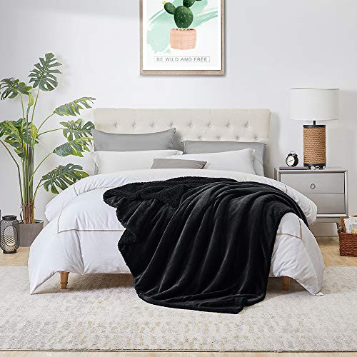 Walensee Sherpa Fleece Blanket Queen Size 90x90 Black Plush Throw Fuzzy Super Soft Reversible Microfiber Flannel Blankets for Couch Bed Sofa Ultra Luxurious Warm and Cozy for All Seasons
