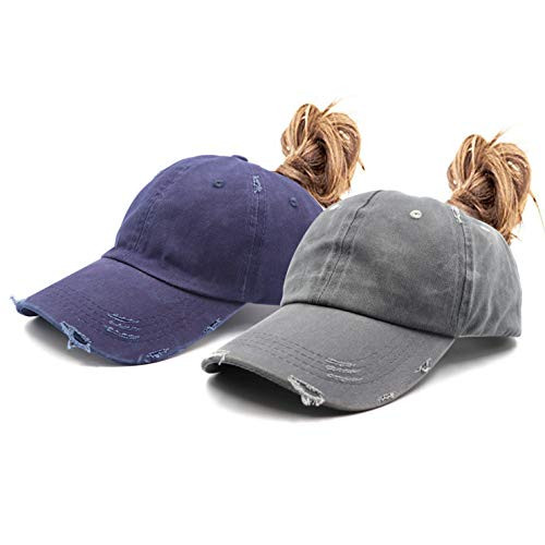 2 Pack Distressed Ponytail Vintage Cap Cotton Dad Hat Adjustable Plain Cap Low Profile Unconstructed Messy High Bun Hat Ponycaps Adjustable Cotton Baseball Cap
