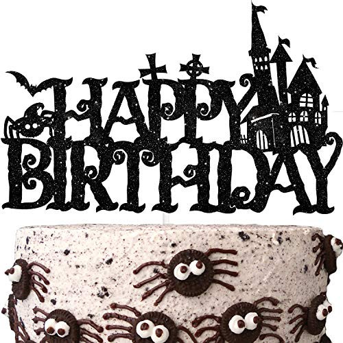 Happy Birthday Cake Topper Cartoon Decorations with Spooky Haunted House for Halloween Scary Theme Baby Shower Party Decor Supplies Black