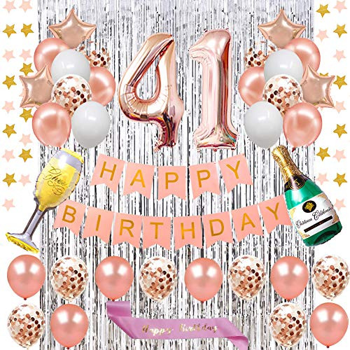 Fancy 41ST Birthday Decorations Rose Gold Happy Birthday Banner and Rose Gold Number 41 Balloons Latex Confetti balloons Star Banner for Girl and Women 41ST Birthday Foil Curtains Silver Fancy 41ST Birthday Decorations Rose Gold Happy Birthday Banner and Rose Gold Number 41 Balloons Latex Confetti balloons Star Banner for Girl and Women 41ST Birthday Foil Curtains Silver