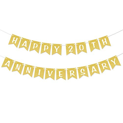 Happy 20th Anniversary Gold Glitter Banner Anniversary Wedding Party Decorations 20 Twentieth Celebration Party Hanging Sign Photo Booth Props