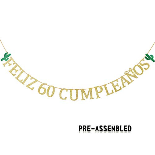 Feliz 60th Cumpleaños Birthday Banner  Gold Glitter Spanish Sixty Years Old Garland  Man Woman Fabulous 60 Anniversary Party Decoration
