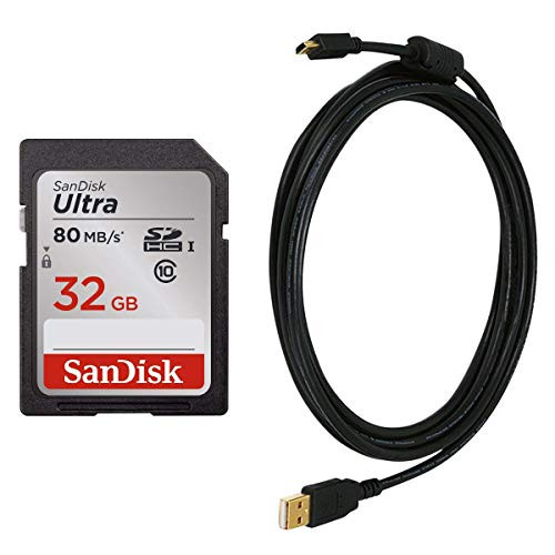 USB Cable for Canon Powershot ELPH 180 Digital Camera - Black, 6 Feet + SD Card 32GB Class 10.