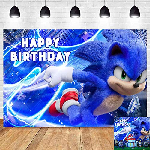 Blue Sonic Hedgehog Happy Birthday Themed Photography Backdrop 5x3ft Sonic Boom Superhero Kids 1st Birthday Party Photo Background Baby Shower Decor Backdrops Cake Table Banner Studio Booth