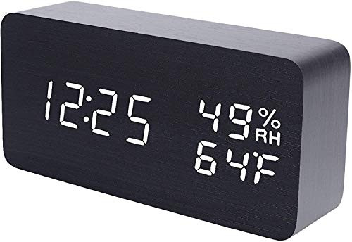 FG MINGSHA Alarm Clock Wooden Digital Clock Modern Decorative Electronic LED Desk Clock Display Time Date Temperature Humidity 3 Alarms Brightness Adjustable for Home Office BedroomBlack