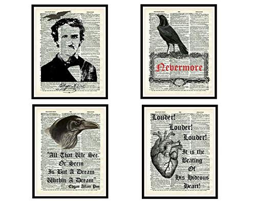 Set of 4 Edgar Allan Poe Raven and Tell Tale Heart Art Print Posters on Ephemera Dictionary Page Reproduction Background Unframed 8 x 10