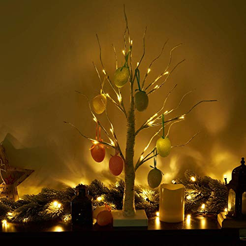PEIDUO Christmas Lighted Birch Tree Ornaments Religious Decorations with 24L Warm White Hanging Easter Eggs Lights Battery Powered Timer for Home Party Festival Wedding Decor 2FT Table Tree Lamp