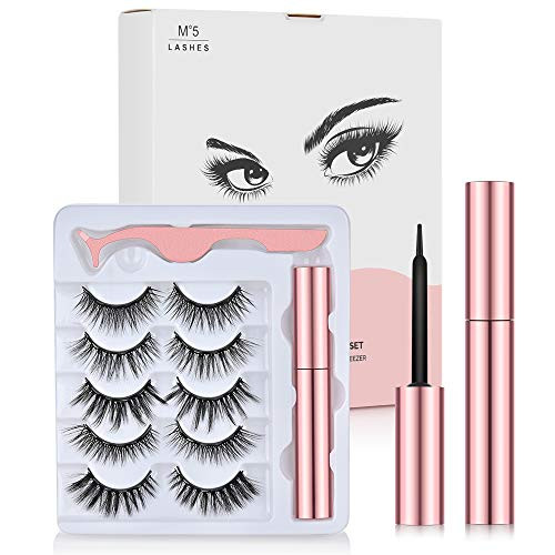 Magnetic Eyelashes and Magnetic Eyeliner Kit 5 Pairs Upgraded 3D Reusable Magnetic Eyelashes Kit False Lashes Natural Look with Applicator No Glue Needed