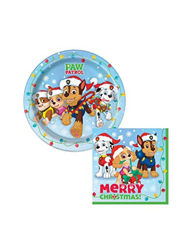 Theme Paw Patrols Merry Christmas Paper Plates and Napkins Party Pack - Serves 16