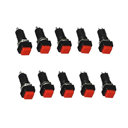LDEXIN 10pcs AC 250V 3A 12mm Thread 2 Pins Momentary Push Button Switch Cap SPST 1 NO 1 NC On Off Switch Square Head Button Red