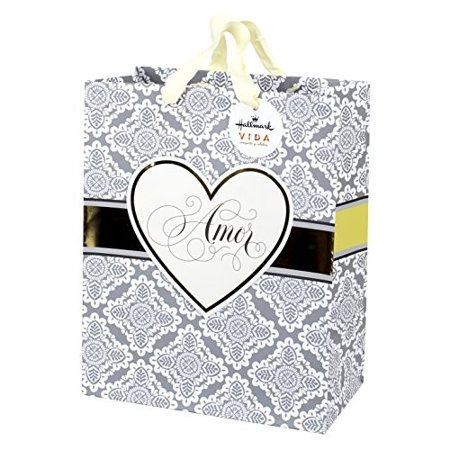 Hallmark VIDA 13 Large Amor Gift Bag Gray White Black and Gold for Weddings Anniversary Bridal Showers Valentines Day and More