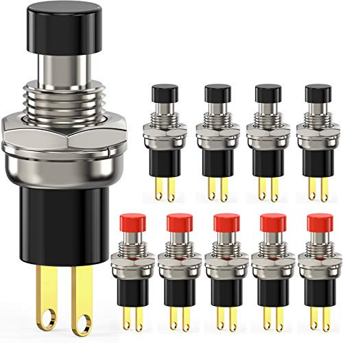 DIYhz Momentary Push Button Switch 1A 250VAC SPST Mini Pushbutton Switches Golden Foot SelfLocking Red Black Cap 10pcs