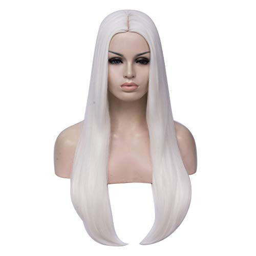White Wig  Qaccf Womens Long Straight Middle Part Synthetic Cosplay Costume Full Wig White
