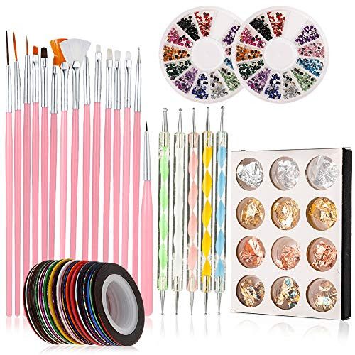 Auxsoul Nail Pen Designer Stamp Nail Art Tool with 15pcs Nail Painting Brushes Nail Dotting Tool Nail Foil Manicure Tape Color Rhinestones for Nails