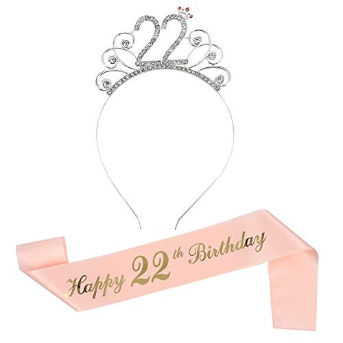 DragonflyDreams Happy Birthday Sash Tiara Set22th Birthday Tiara Rhinestone Crown Headband and Birthday SashBest Gift for 22th Birthday Decoration Girls Women