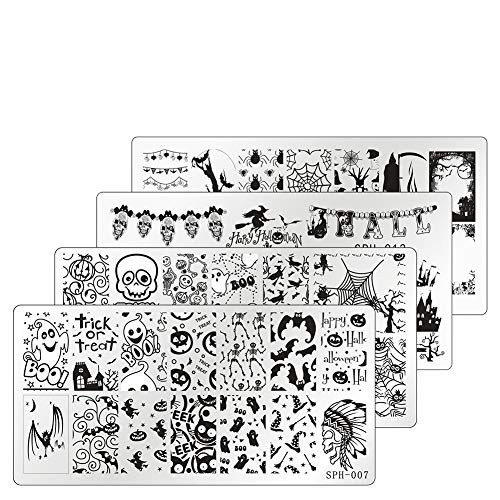 Auxsoul 4 Pieces Halloween Nail Art Plates Image Stamp Templates Stamping Kit Pumpkin Ghost Skull Bat Templates Image Plates for Manicuring DIY Print for Women Girls Kids Halloween Decorations