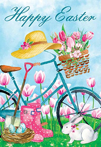 Texupday Happy Easter Bicycle with Cute Bunny Tulips Decoration Spring Garden Flag Outdoor Yard Flag 12 x 18