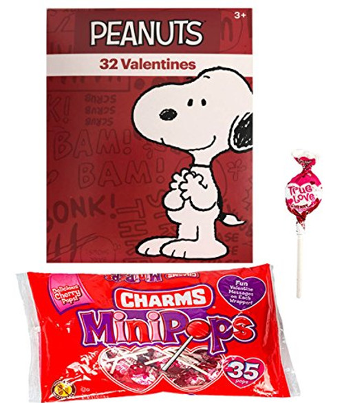 Peanuts Snoopy 32 Valentine Cards and Charms Lollipops MiniPops Classroom Exchange Bundle For Kids