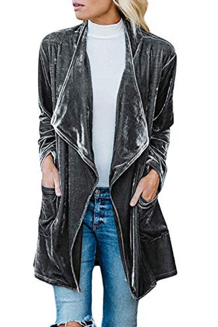 futurino Womens Solid Long Sleeve Velvet Jacket Open Front Cardigan Coat with Pockets Outerwear