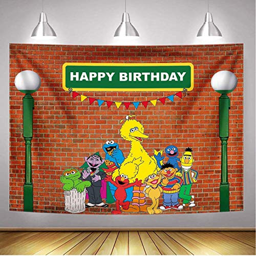 Dost Polyester Cartoon Sesame Street Brick Wall Photography Backdrop Girl boy Birthday Party Background Party Decorations 7x5FT