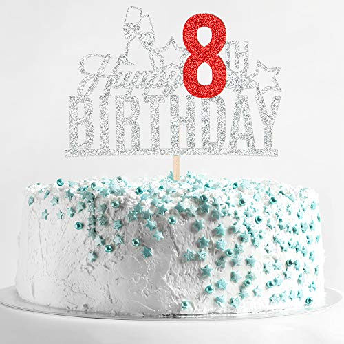 Happy 8th Birthday Cake Topper  Eightyearold Cake Topper Kids 8th Birthday Cake Decoration 8th Birthday Party Decoration Silver and Red