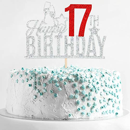 Happy 17th Birthday Cake Topper  Seventeenyearold Cake Topper Teens 17th Birthday Cake Decoration 17th Birthday Party Decoration Silver and Red