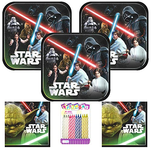 Classic Star Wars Party Supplies Pack Serves 16 9 Plates and Luncheon Napkins with Birthday Candles Bundle for 16