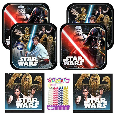 Classic Star Wars Party Supplies Pack Serves 16 Dessert Plates and Beverage Napkins with Birthday Candles Bundle for 16