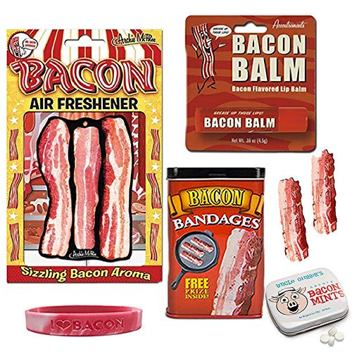 Bacon Bonanza Sampler Gift Pack 5pc Set  Bacon Bandages Air Freshener Mints Lip Balm  I Love Bacon Silicone Wristband