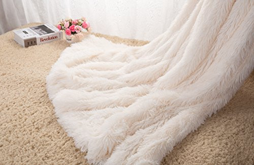 HOMIGOO Super Soft Shaggy Faux Fur Long Hair Throw Blanket Cozy Elegant Decorative Blanket Ivory