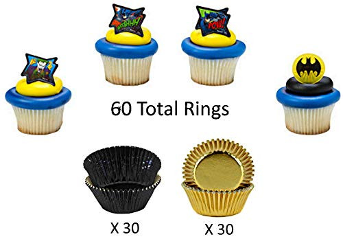 BATMAN Cupcake Toppers and Liners  Rings with Matching Black Foil  Gold Foil Baking Cups  Enough for 60 Cupcakes