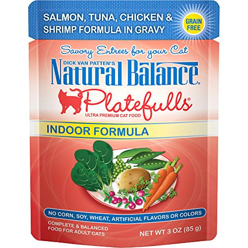 Natural Balance Platefulls Indoor Wet Cat Food Salmon Tuna Chicken  Shrimp Formula in Gravy 3 Ounce Pouch Pack of 24 Grain Free