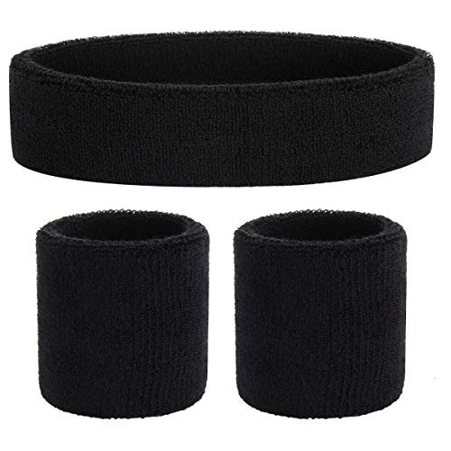 ONUPGO Black Sweatband Set Cotton Headband Wristband Set Sweatbands Terry Cloth Wristband Wrist Sweatband Headbands Moisture Wicking Sweat Absorbing Head Band