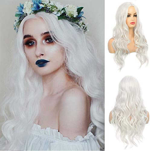 Wiwige Long Curly Wavy White Wigs for Women Synthetic Heat Resistant Halloween Costume Cosplay Hair Wig with Wig Cap