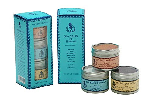 Three Tin Gift Box of Hawaiian Sea Salts Alaea Red Kona White and Uahi Black Salts