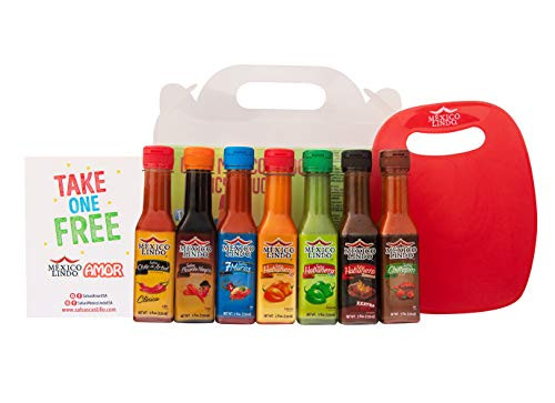 Mexico Lindo Hot Sauce Variety Bundle  Includes 7 Different Hot Sauces  Cutting Board  Recipe Booklet  Upgrade Your Meals  5 Fl Oz Bottles Pack of 7