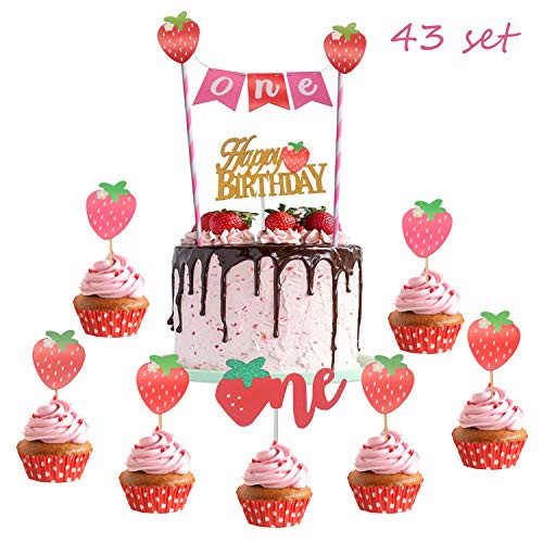 Strawberry Cupcake Topper Baby Shower Cupcake Toppers Girl ONE Cake Topper Strawberry Theme 1st Birthday Decorations Kit for Baby Girl Strawberry Party